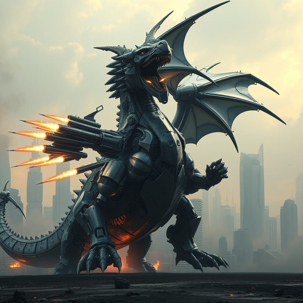 Cyberpunk Dragon Unleashes Missile Barrage on Futuristic Met...
