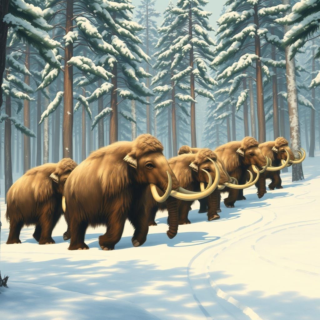 Woolly Mammoths Roam a Snowy Forest in Whimsical, Organic St...