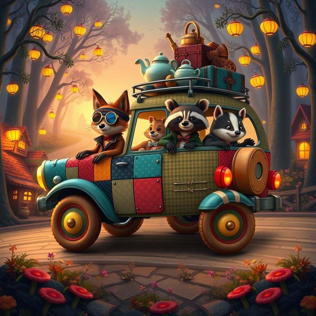 Woodland Animals' Road Trip in Glowing Forest