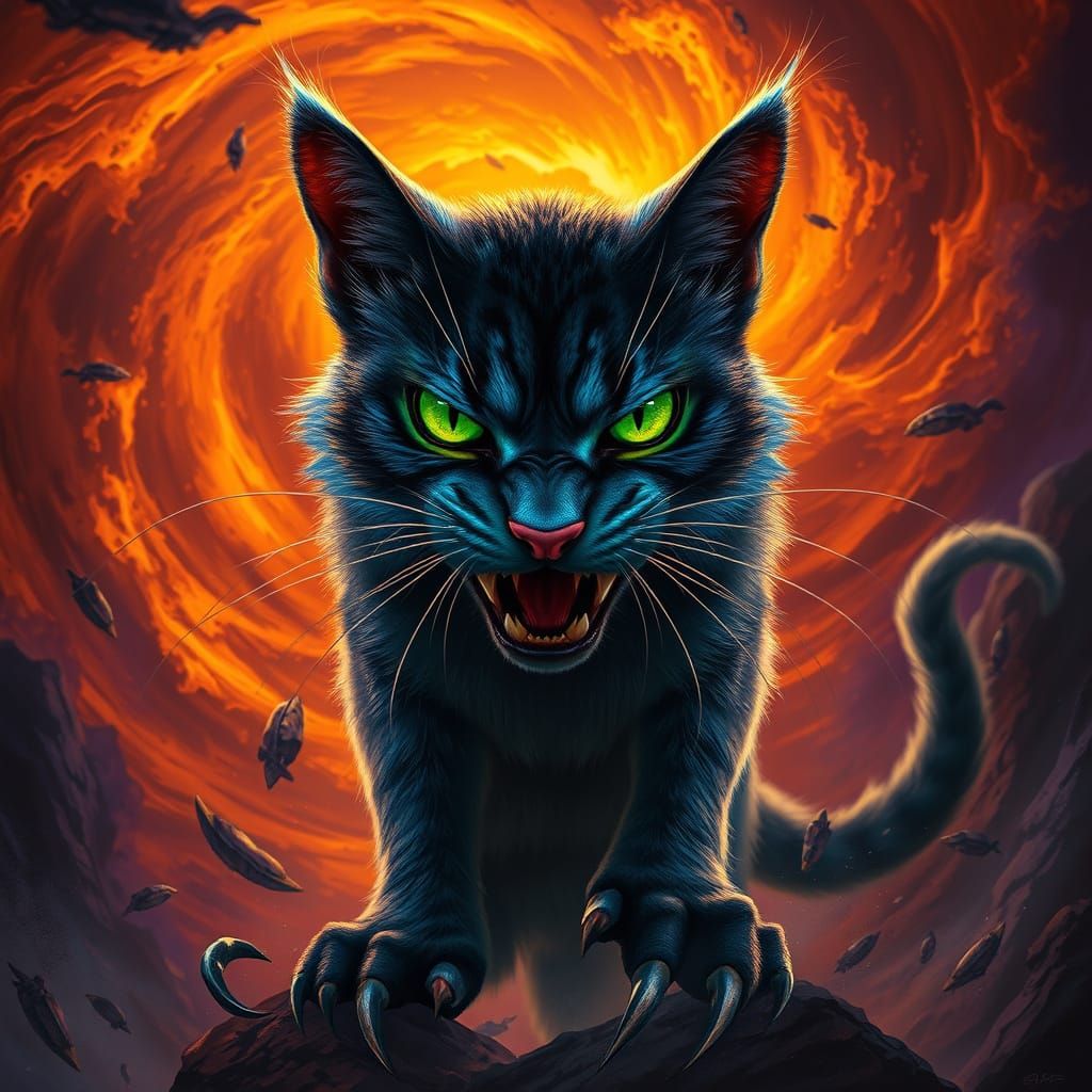 Epic Blue Cat Battles Apocalypse in Comic Book Style