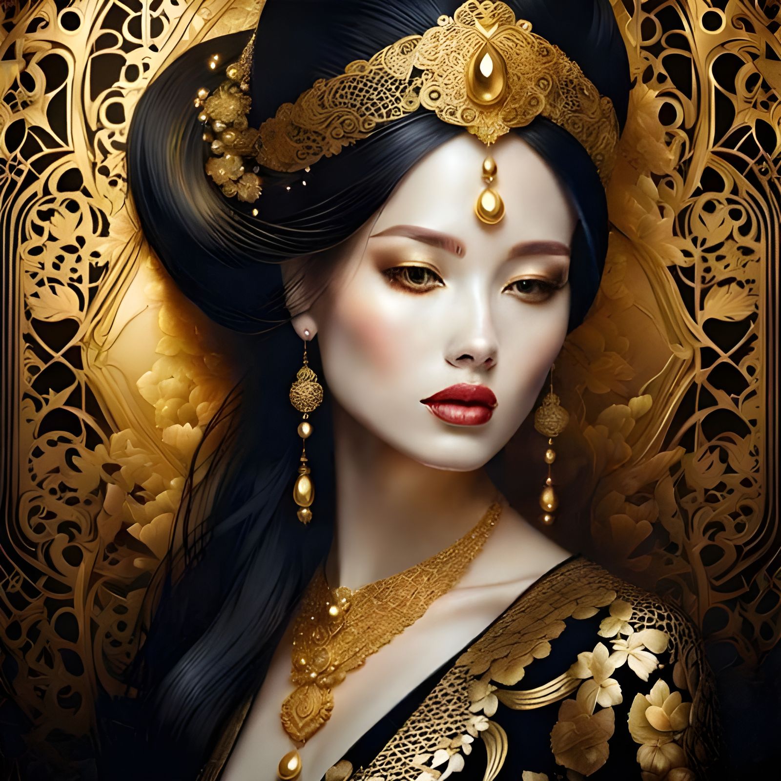 Golden Woman in Ornate Floral Setting as Diamond Painting