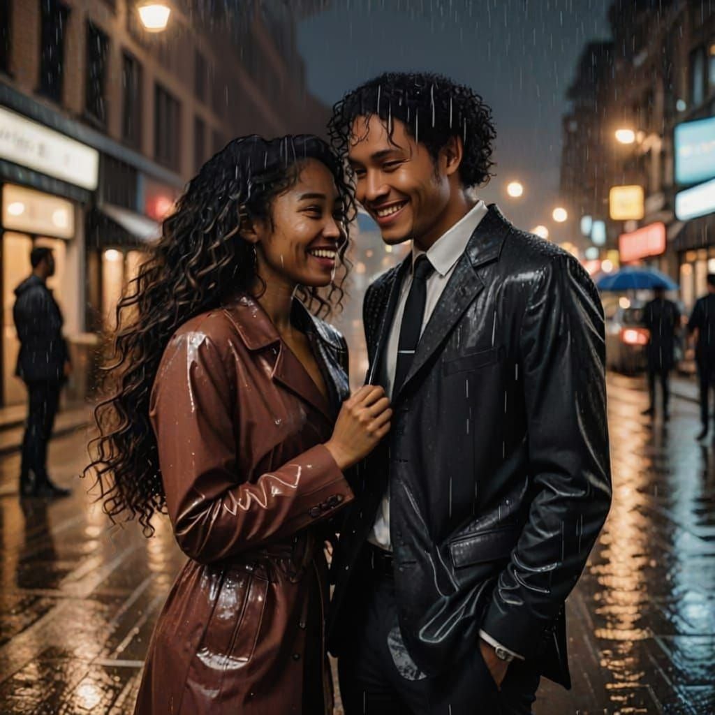 Couple Laughing in City Rain at Night