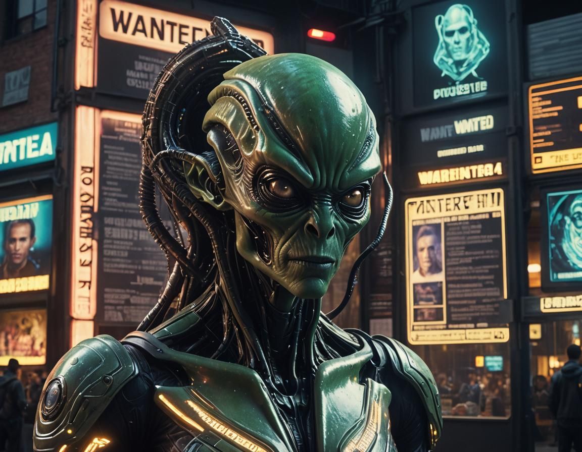 Monstrous Alien Wanted Poster in Sci-Fi Cityscape