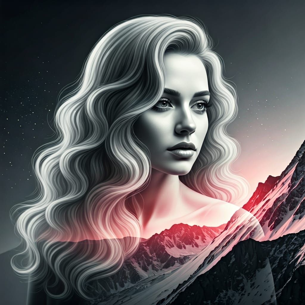 Elegant Woman with Mountain Peaks in Futuristic Style