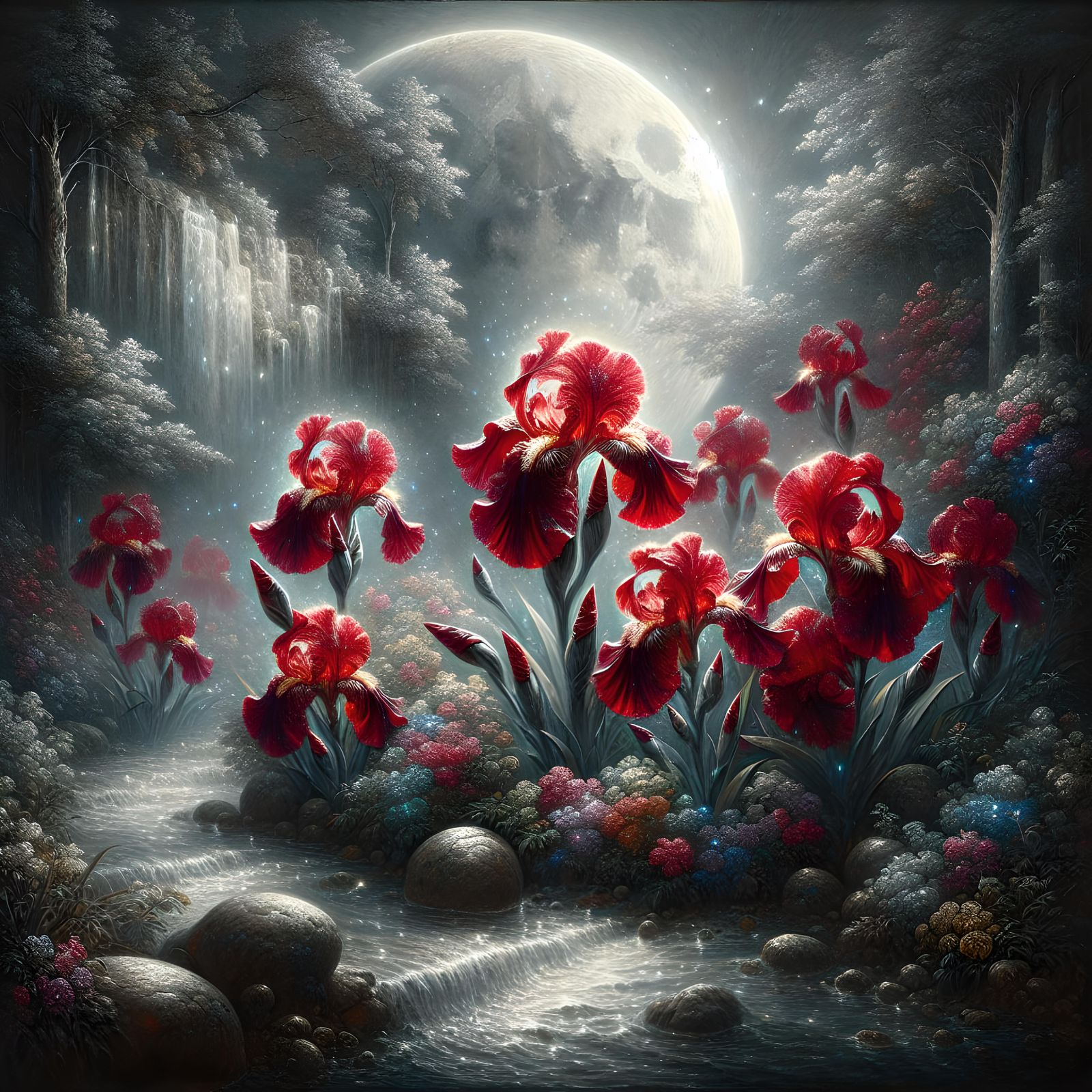 Radiant Red Irises Flourishing in Moonlit Stream