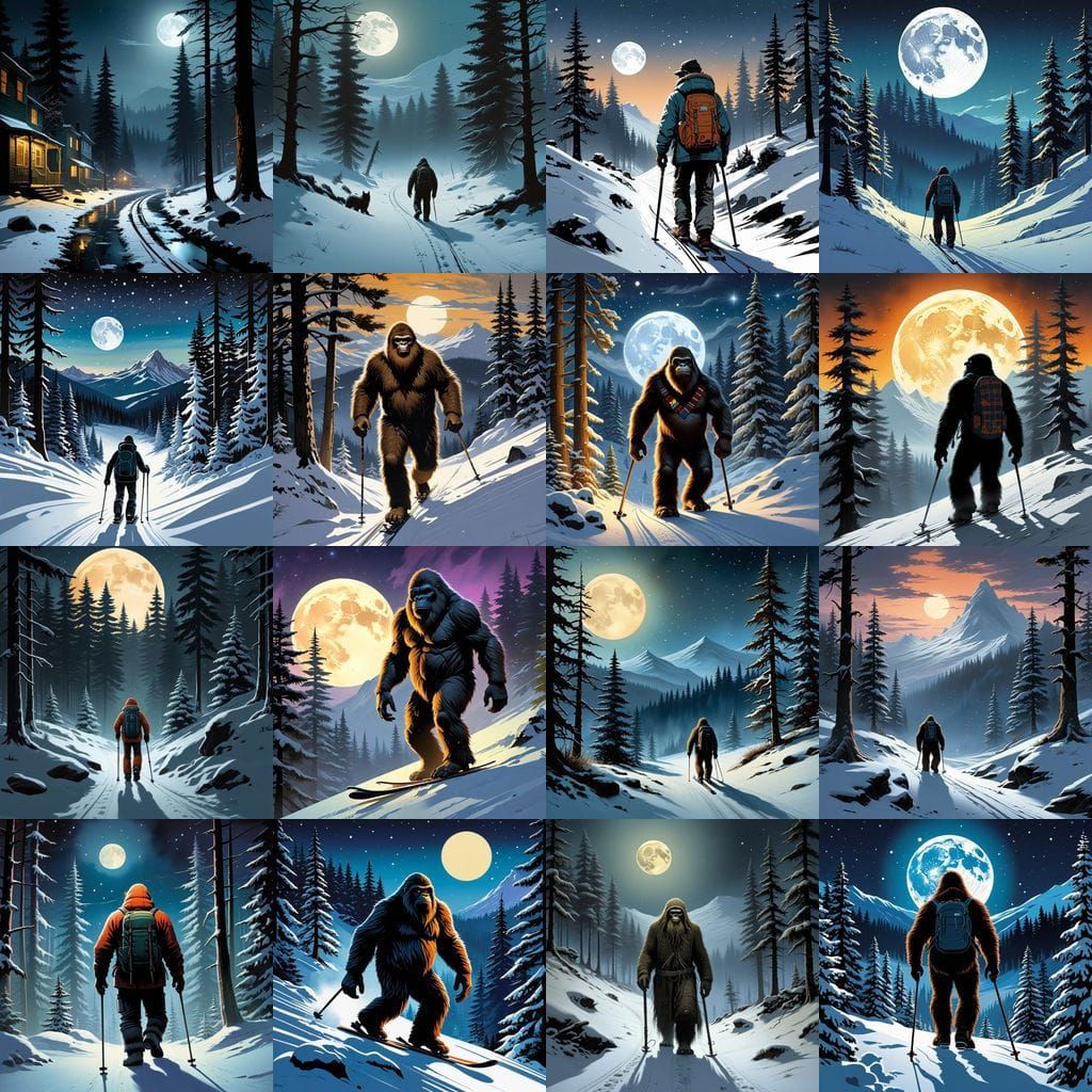 Sasquatch Skiing Under the Starslit Mountain