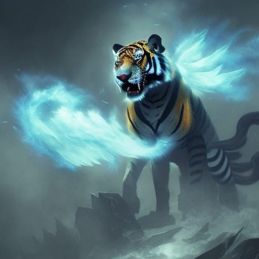 Tiger Wolf with Lightning Wings, Dark Fantasy Art