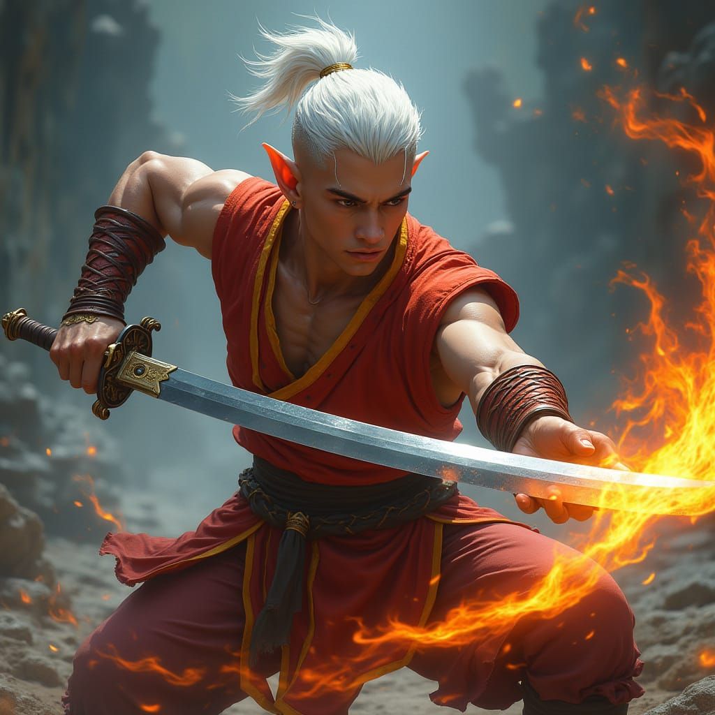 Epic Battle Monk in Vibrant Red Vest with Flaming Sword