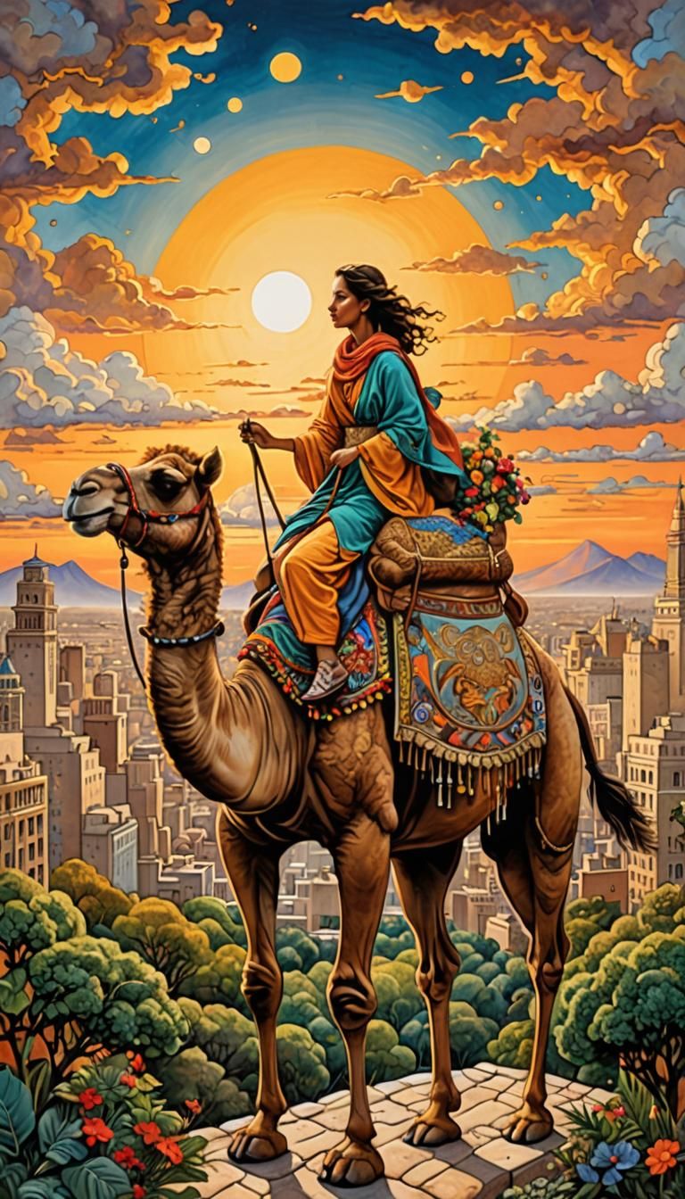 Girl Rides Camel in City, 3D Pop Art