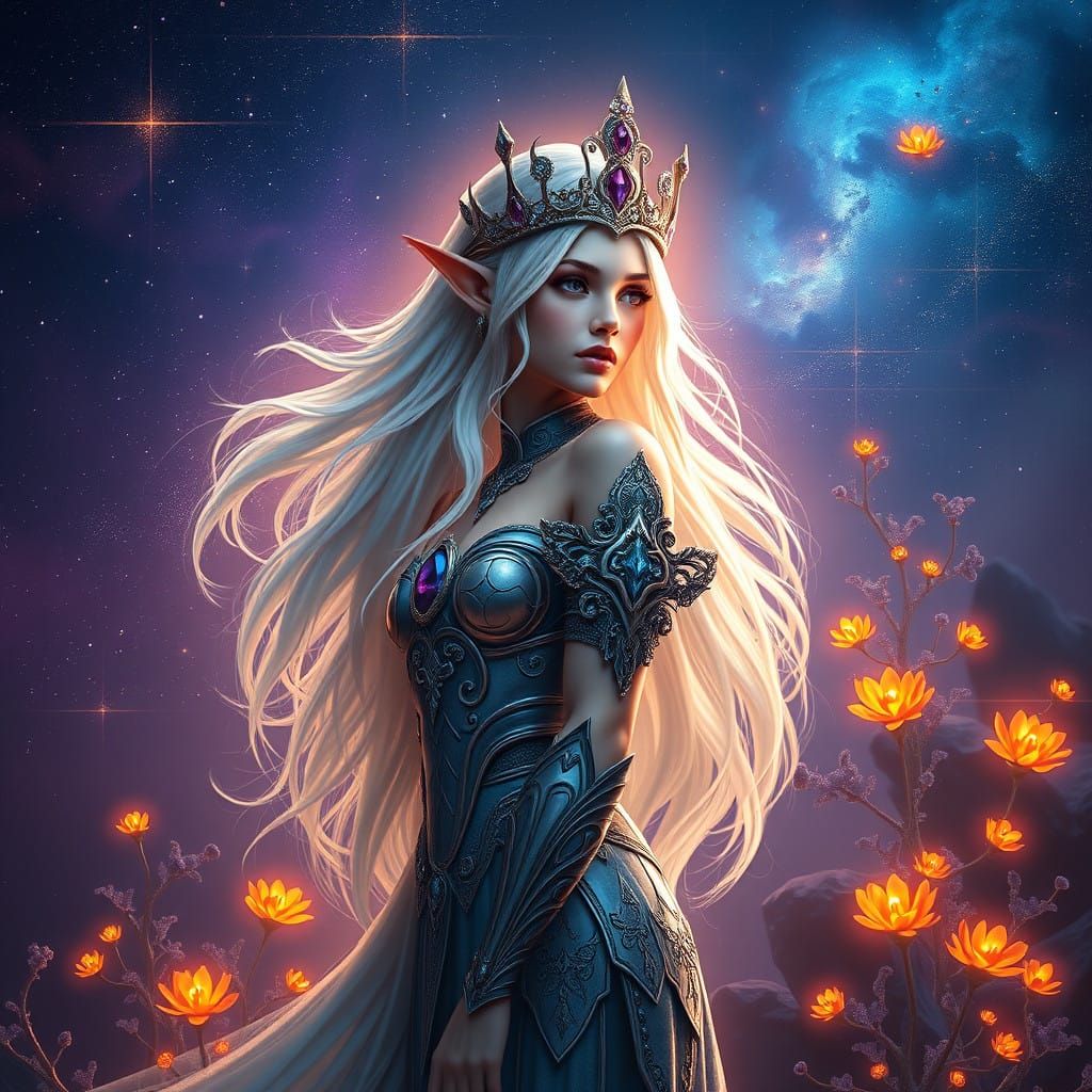 Ethereal Star Elf Princess in Shimmering Nebula
