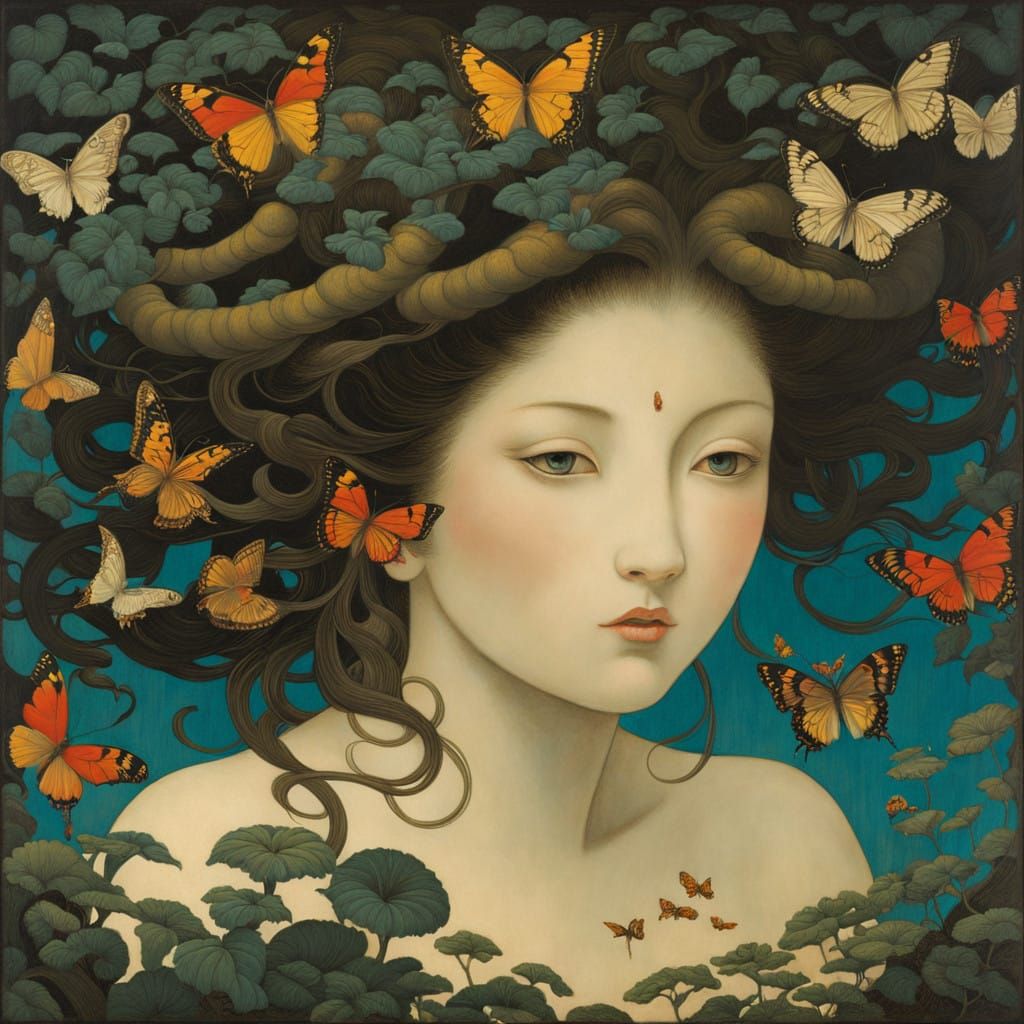 Seductive Medusa Enchants Butterflies in a Cave of Whispers