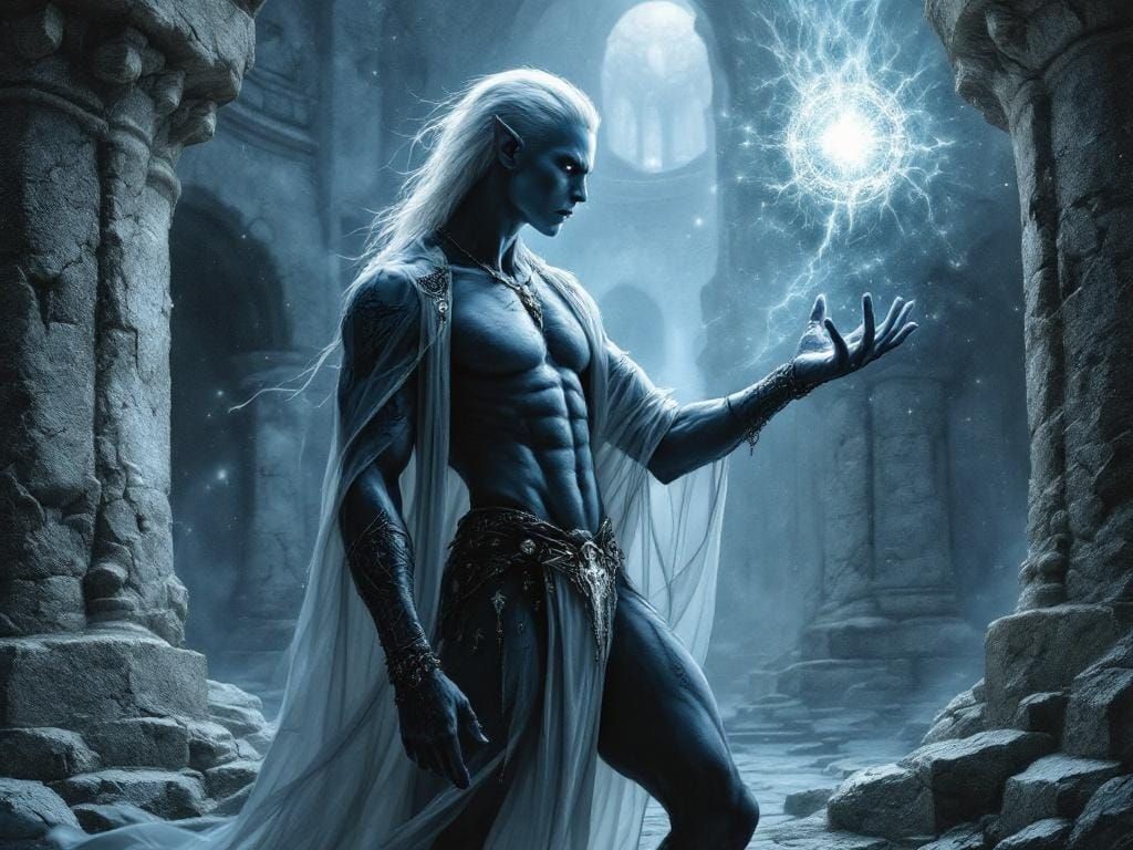 Drow Elf Summons Magic in Color Pencil Style