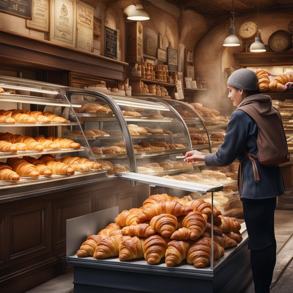 Woman Buys Croissant in French Boulangerie