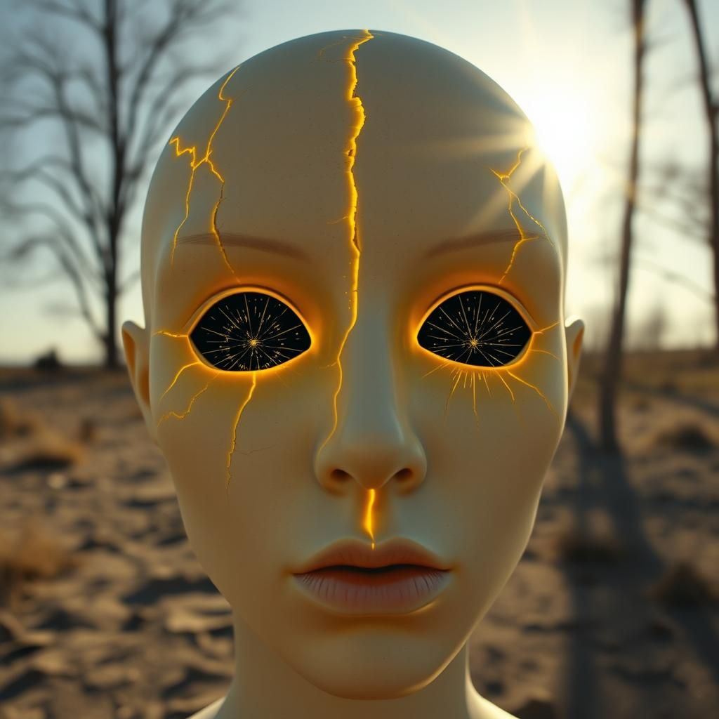 Surreal Face with Starry Eyes and Yellow Cracks