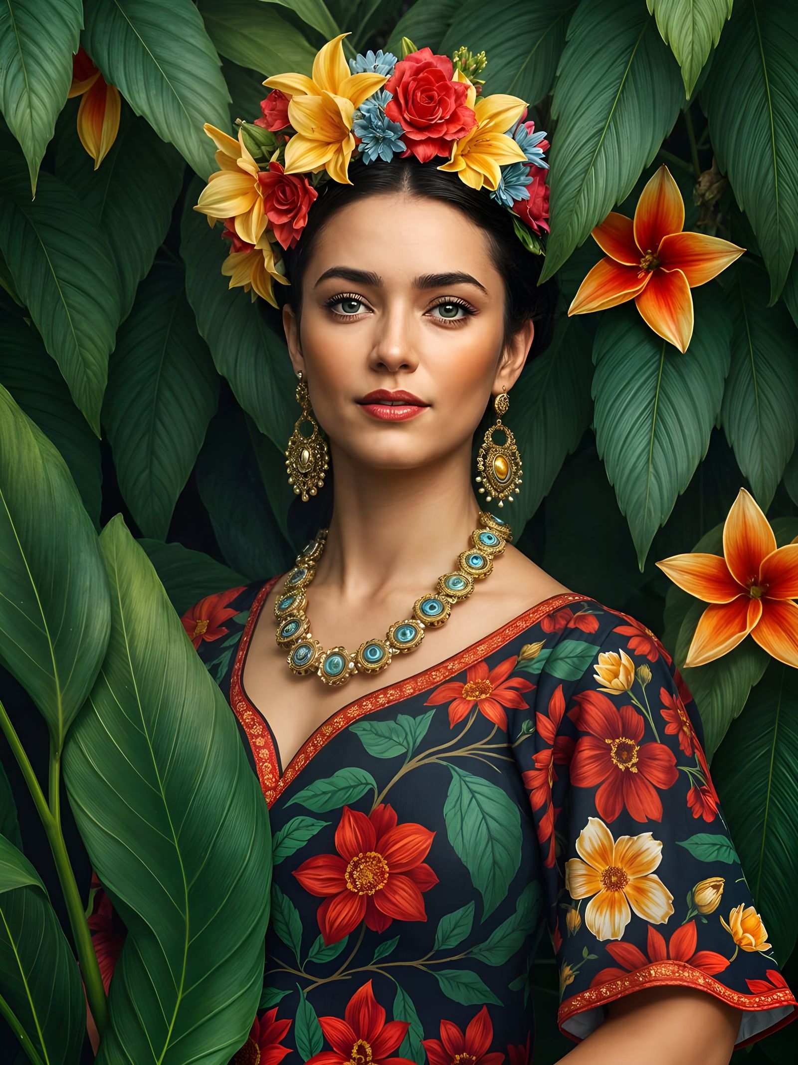 Vibrant Latin American Woman Enveloped by Macaws Amidst Flor...