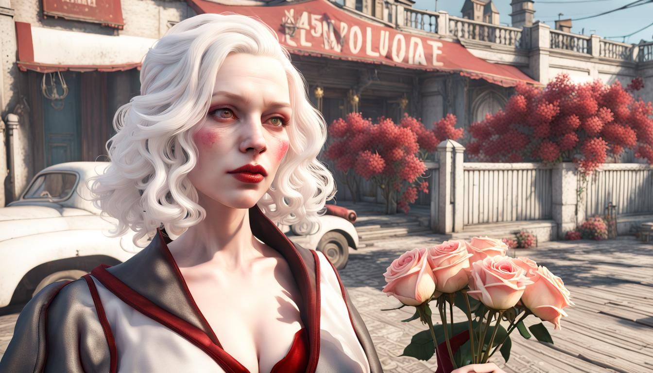 Albino Aristocrat in Crimson Dress: 3D Render