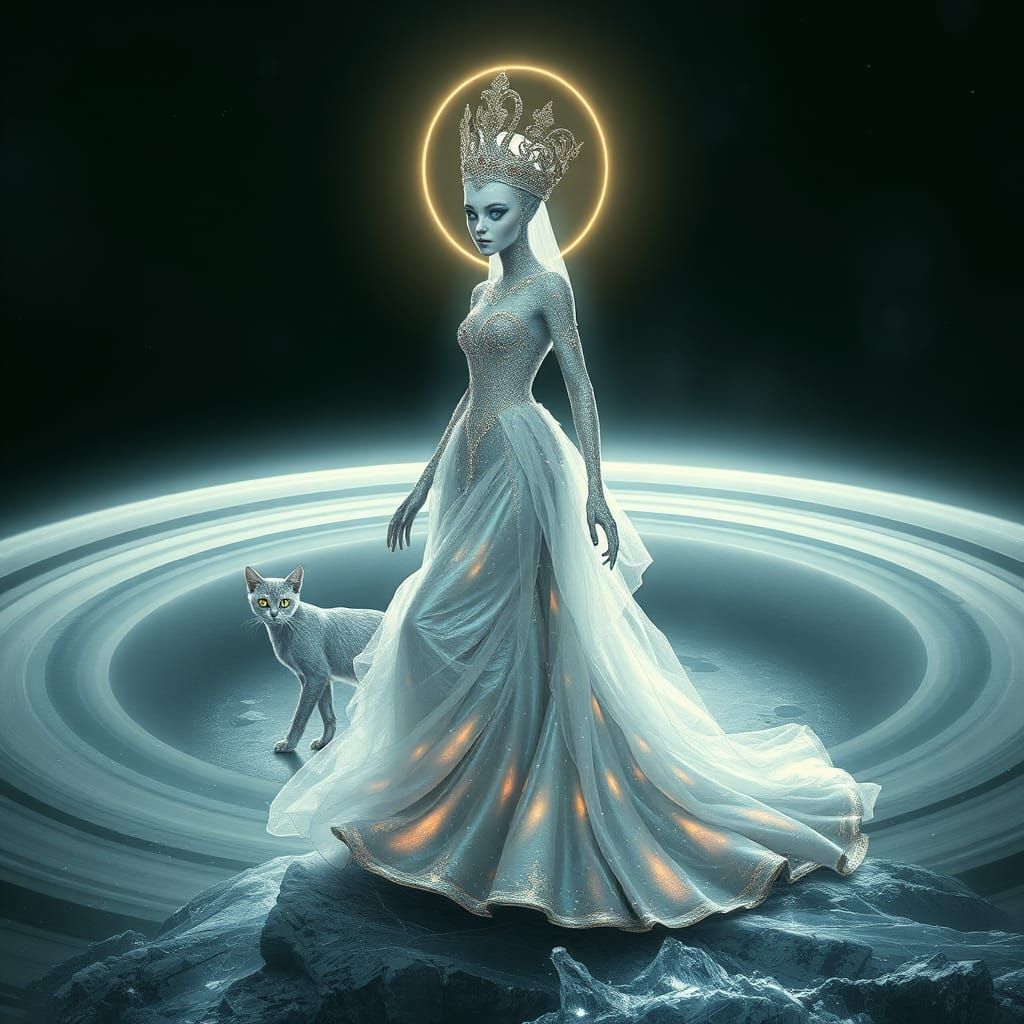 a nebulian  alien queen in her shimmering  flowing dress and...
