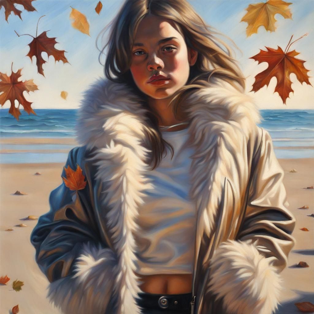 Surreal Beach Scene: Girl in Fur Coat, Oil Painting