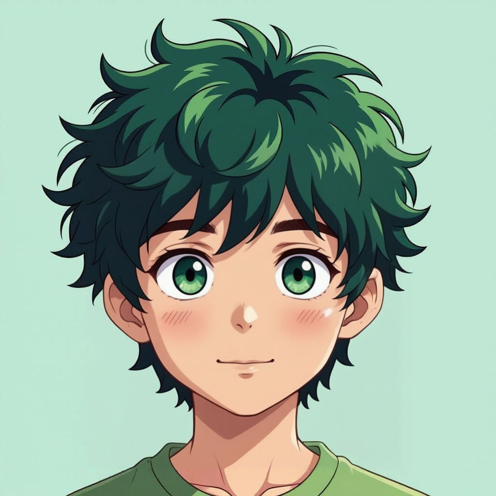 Anime Boy with Fluffy Green Hair and Freckles