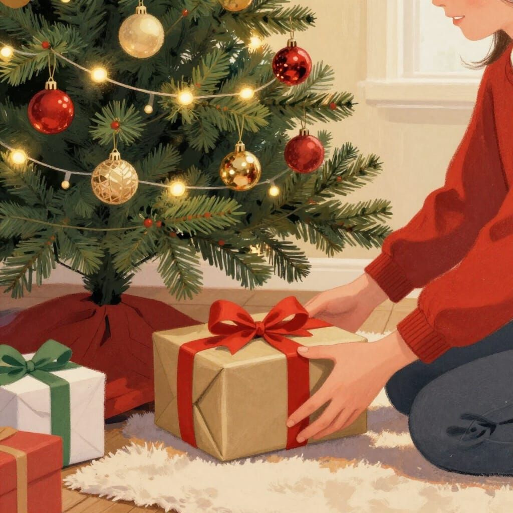 Person Places Gift Under Decorated Christmas Tree
