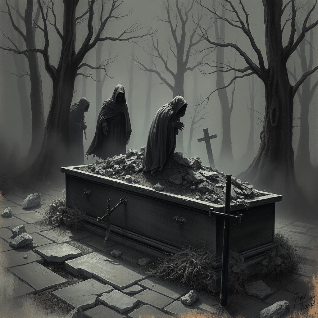 Sinister Graveside Scene in Dark Fantasy Style