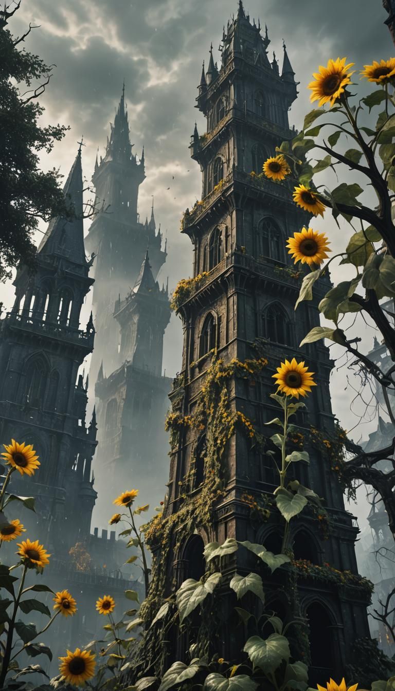 Epic Sunflower Tower in Rain and Mist