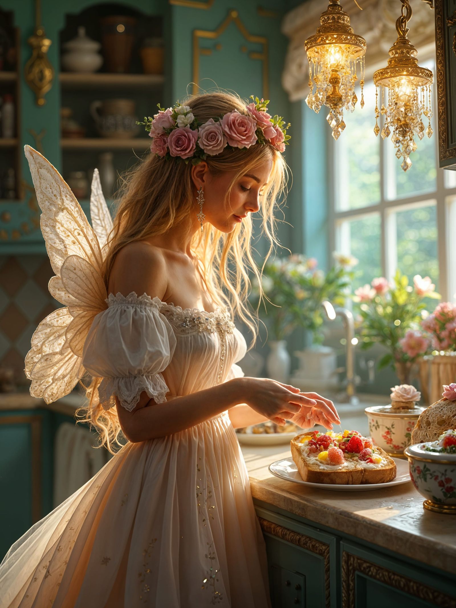 Fairy Spreading Rainbow Cream on Toast in Magical Kitchen
