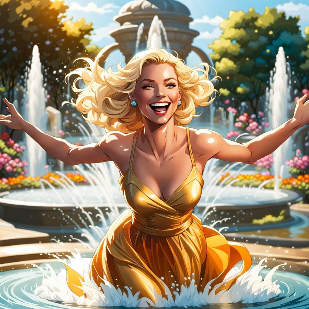Cheerful Woman Splashing in Fountain, Comic Book Art