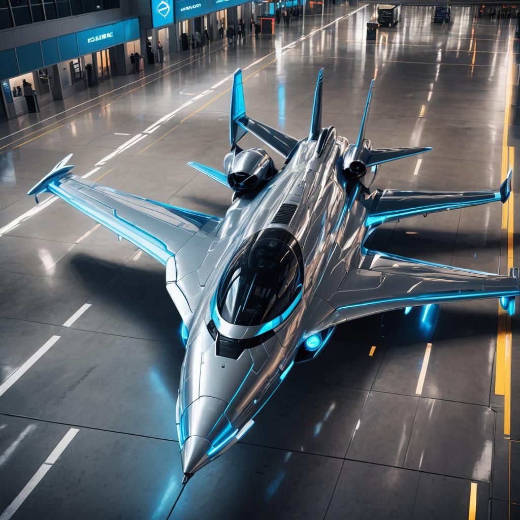 Sleek Futuristic Plane at Neon-Lit Airport