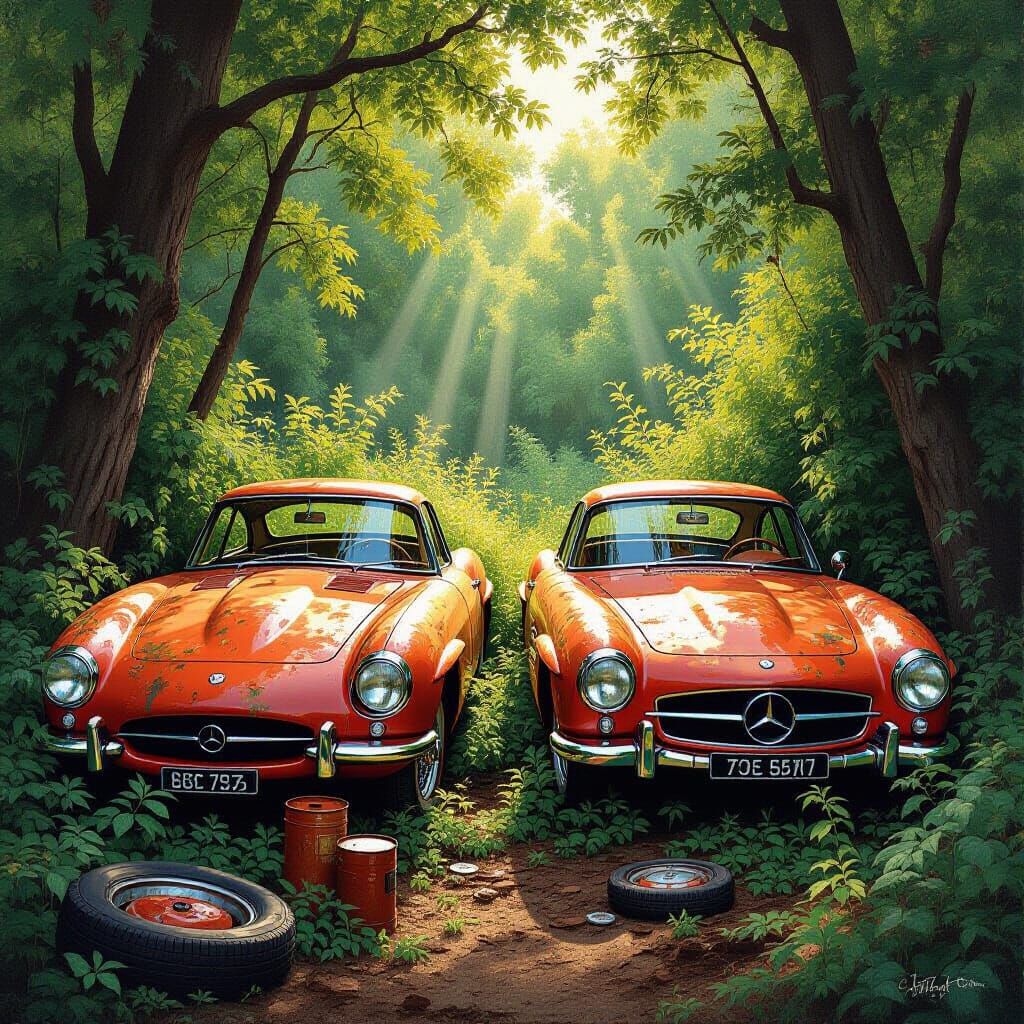 Abandoned Classic Cars in Overgrown Field Oil Painting