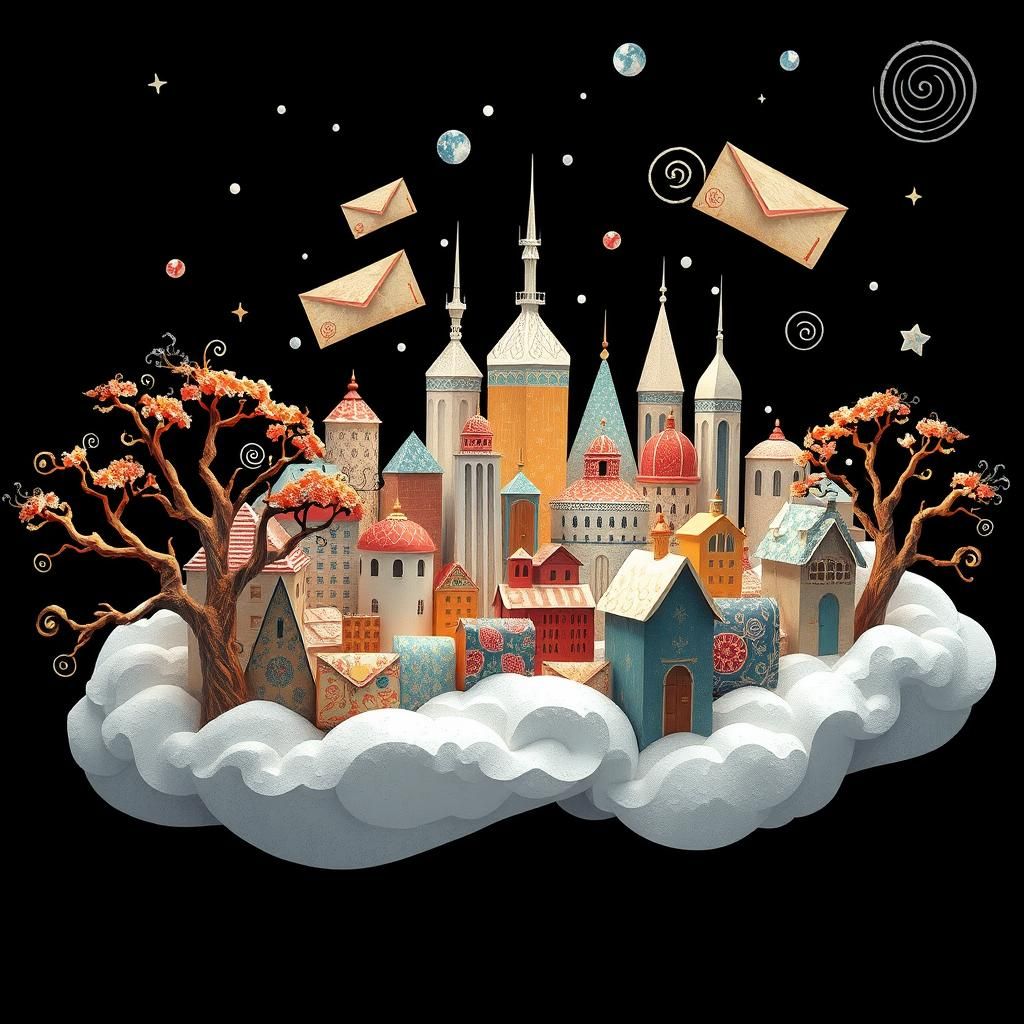Cloud City with Origami Trees in Folk Art Style