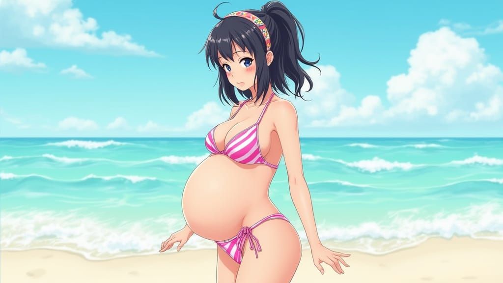 Anime Woman with Pregnancy Belly on Beach in Manga Style