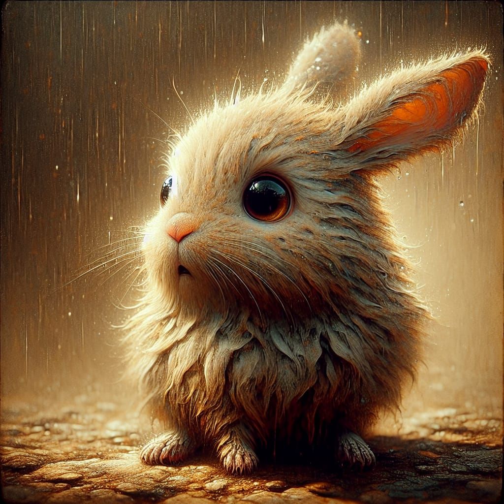 Shocked Rabbit in Rainy, Hyper-Detailed 3D Art