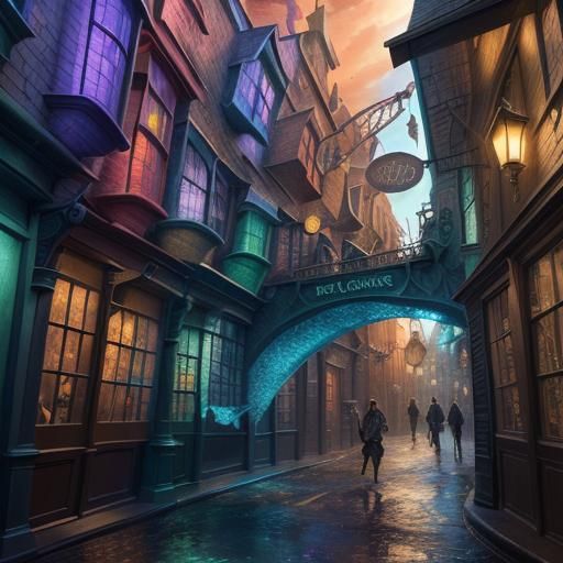 Hyperrealistic Diagon Alley Concept Art