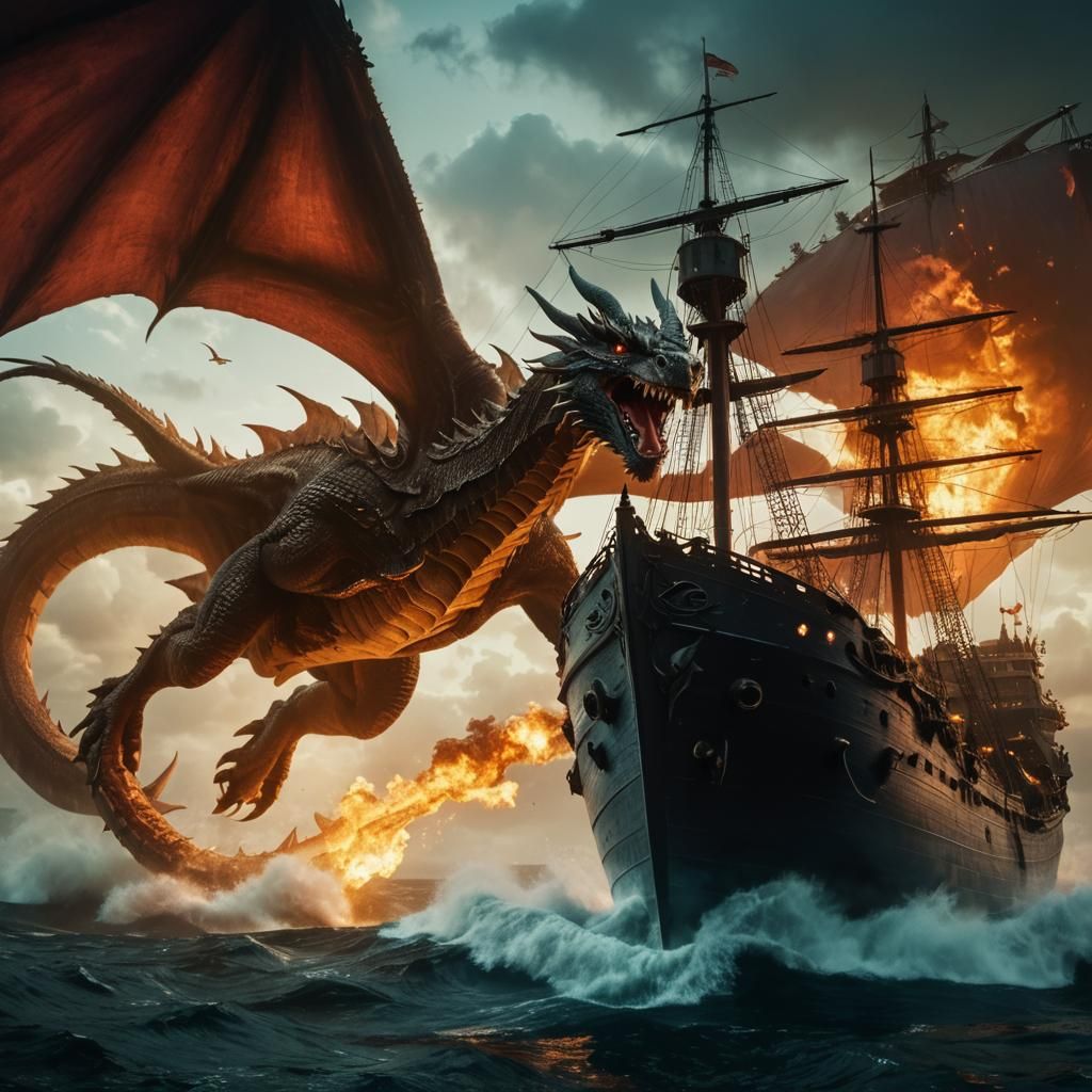 A Dragon Attacking a Ship