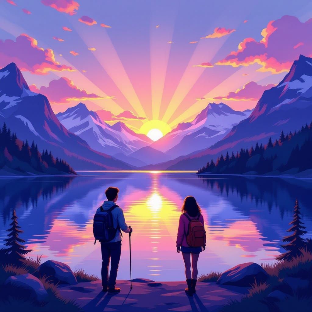 Couple Hiking to Mountain Lake at Sunset
