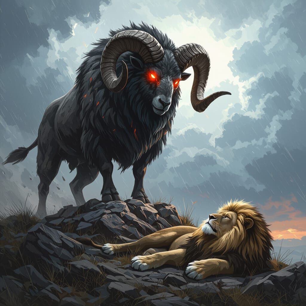 Brutal Ram Dominates Lion in Dark Fantasy Storm