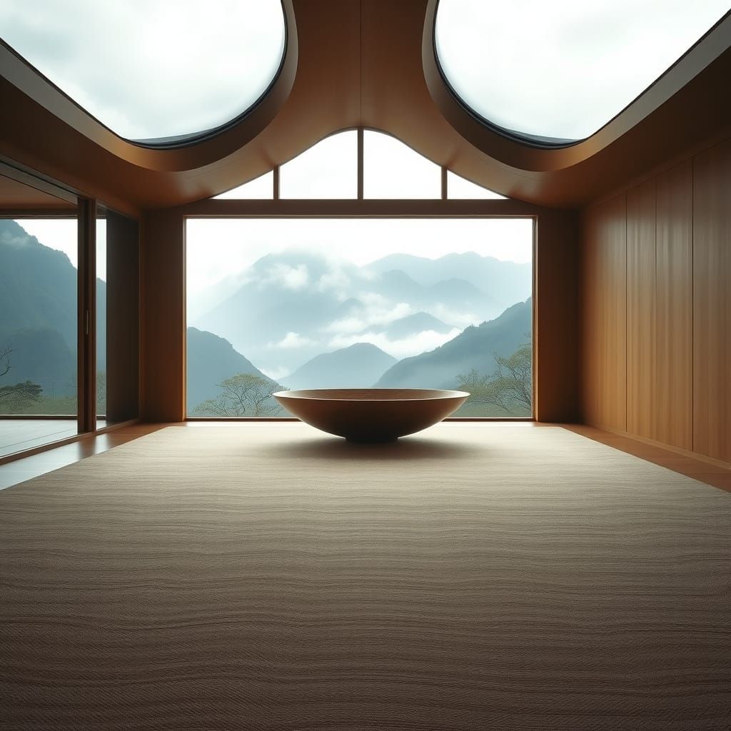 Organic Meditation Oasis with Japanese Mountain Vista