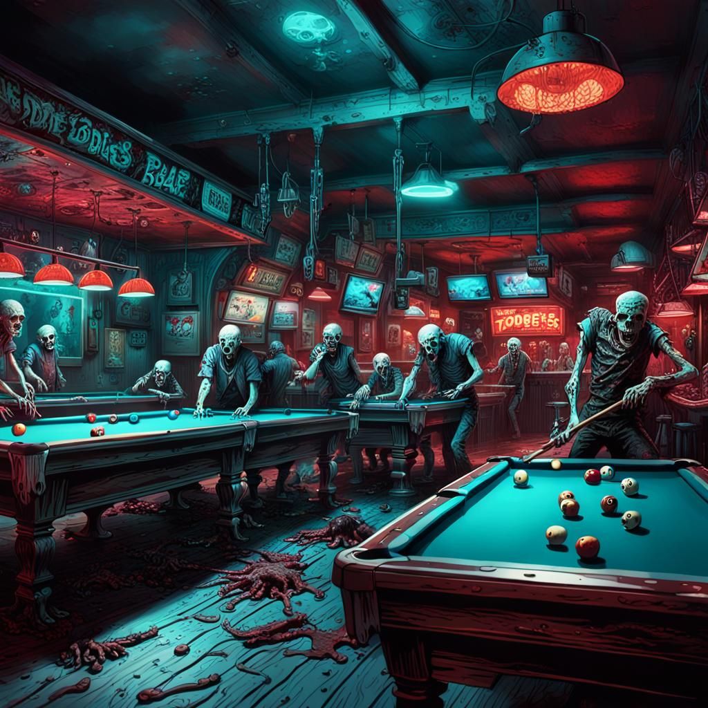 Zombies Play Pool in Dive Bar: Dark Fantasy