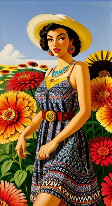 Zinnias and Cowgirl in Aztec Acidhouse Sundress