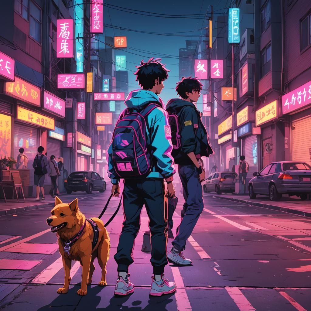Boy and Dog in Neon Anime Style