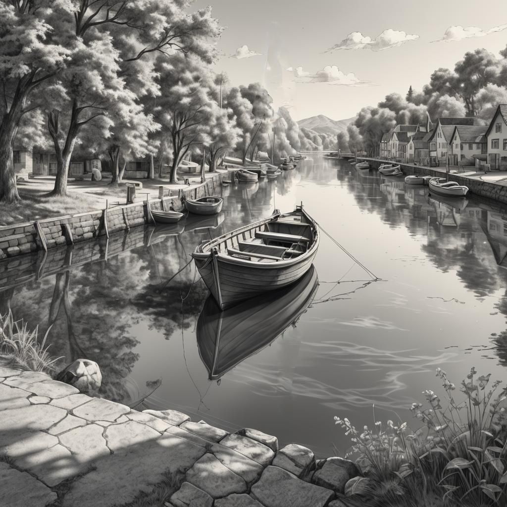 Reflective Waterscape in Pencil Sketch Style