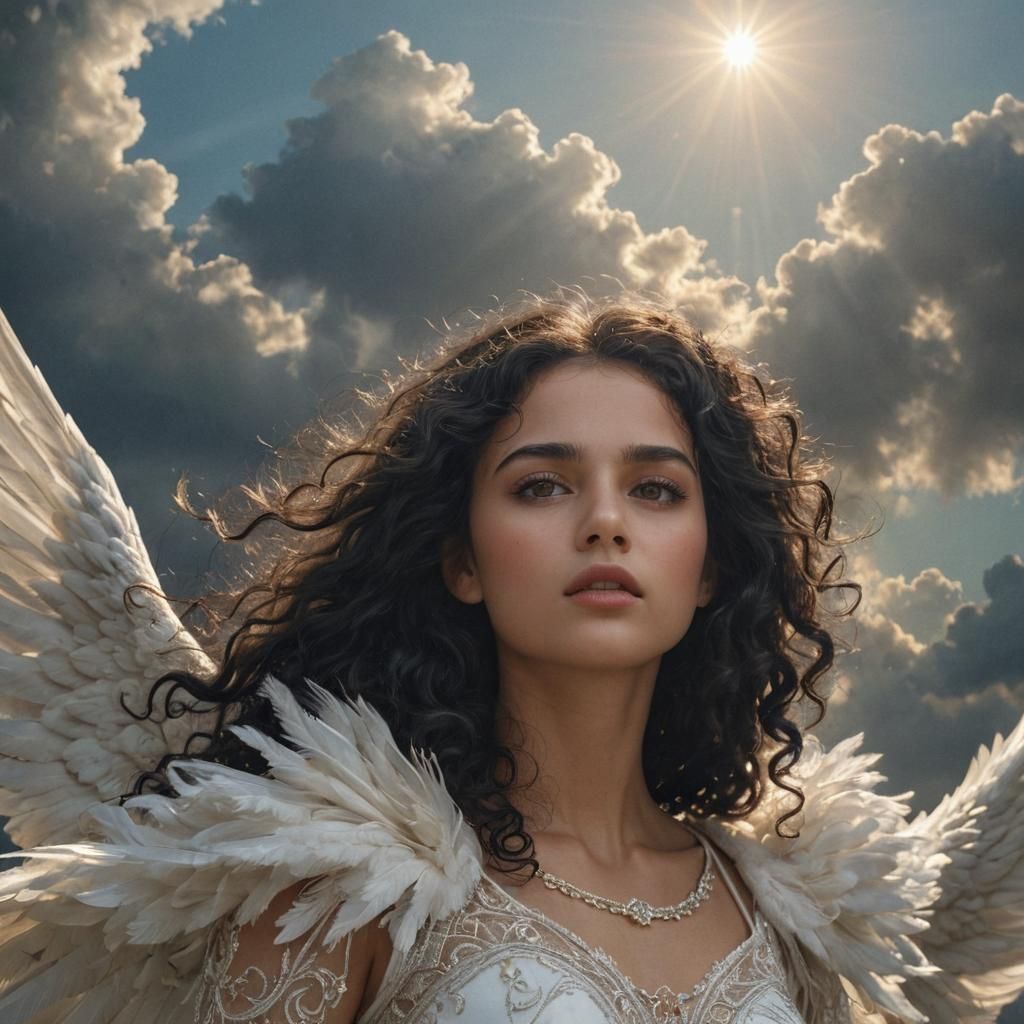 Ethereal Angel with Sun and Clouds