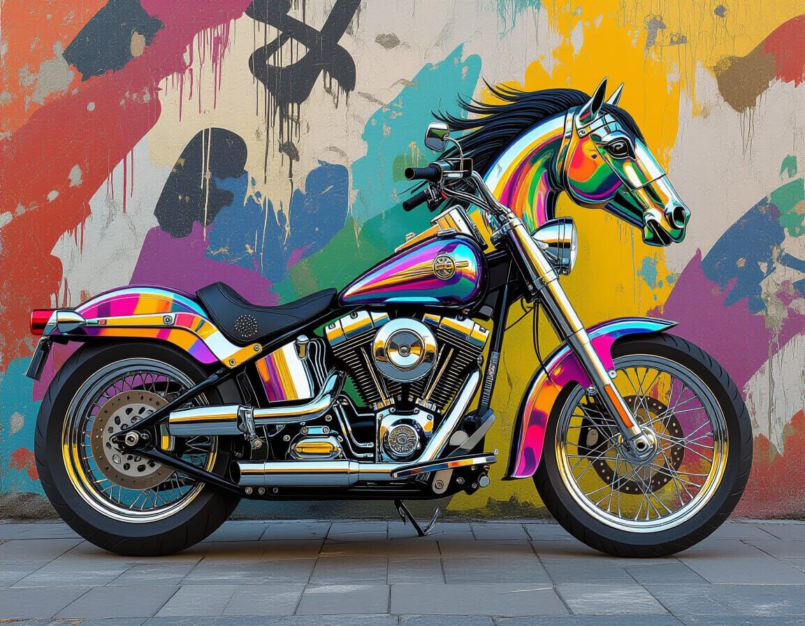 Futuristic Chrome Horse Bikes in Graffiti Art Style