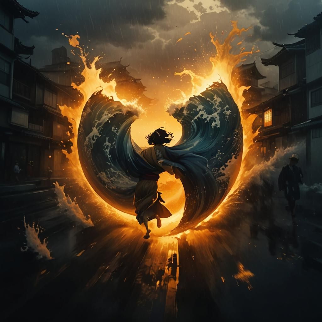 Tsunami Devastation in Japanese Woodblock Print Style