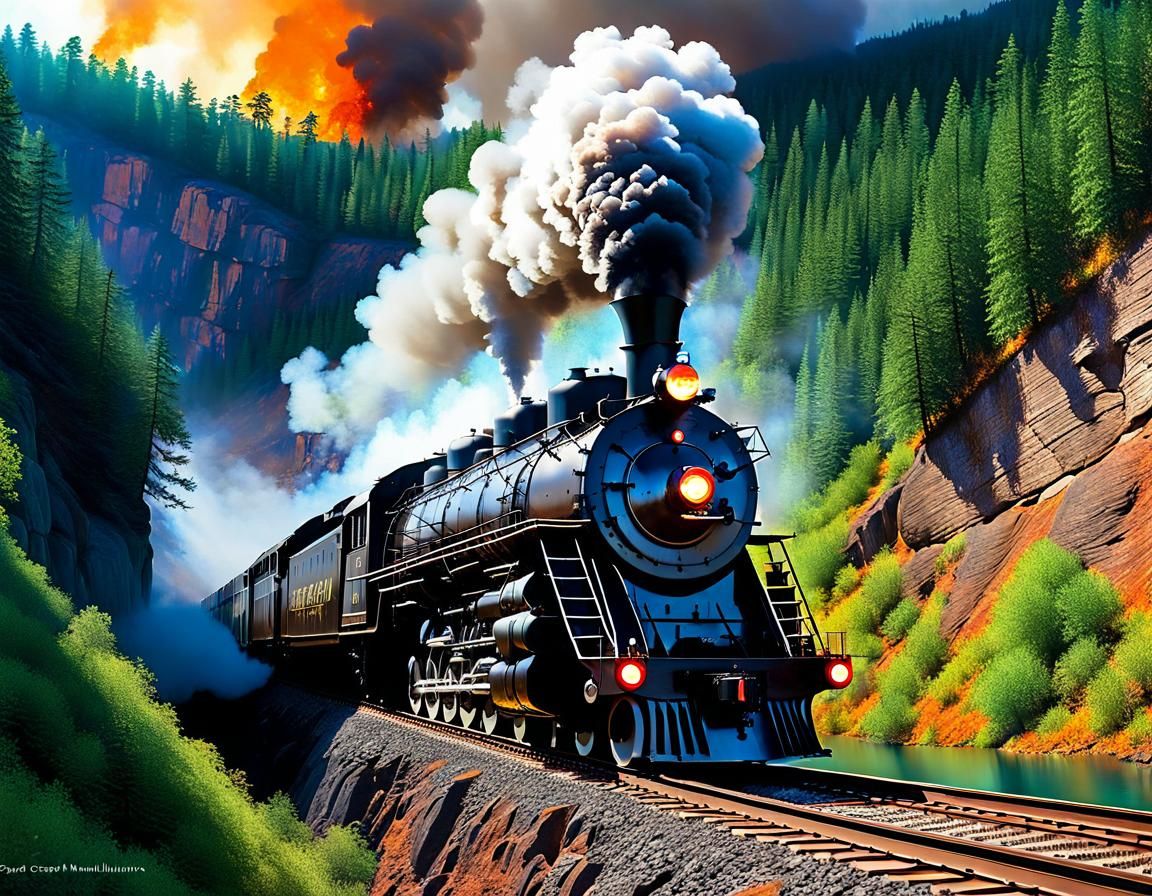 Big Boy Locomotive on Cliffs: Maximalist Oil Painting
