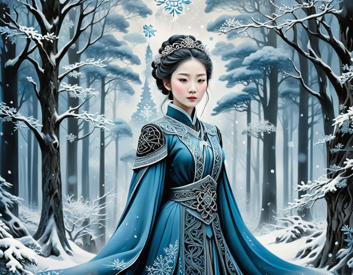 Regal Woman in Snowy Forest with Celtic Knots
