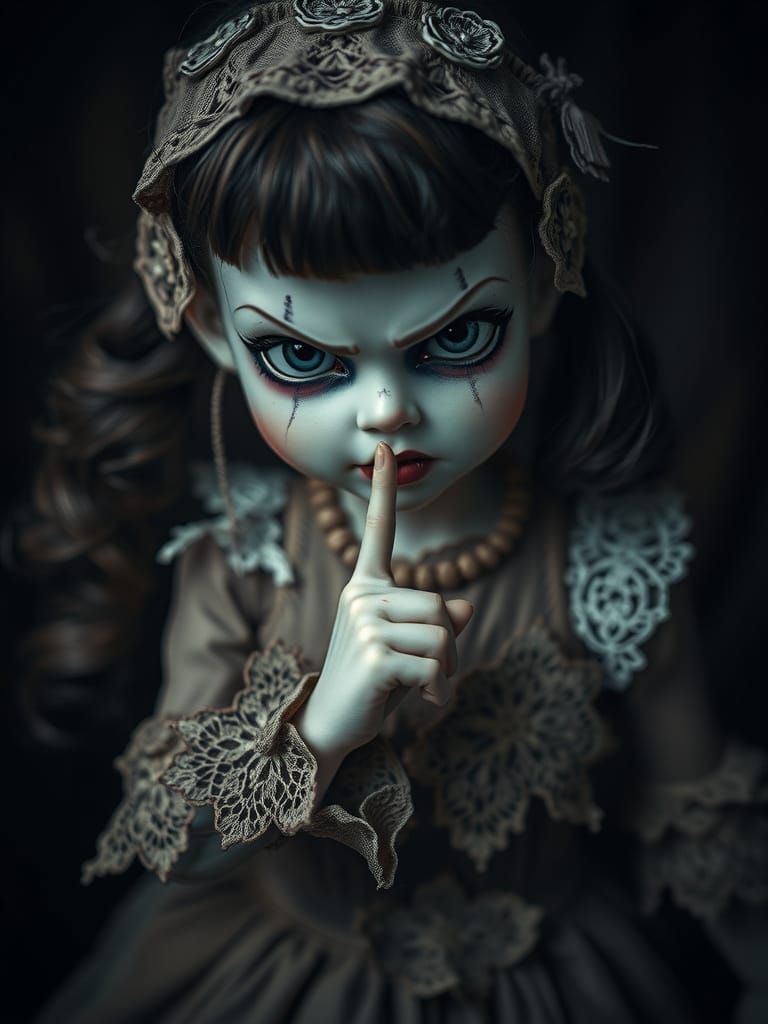Menacing Gothic Doll Commands Silence: Hyperrealistic and In...