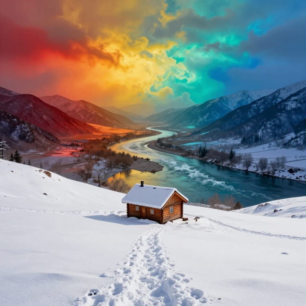 Surreal Cabin Landscape with Dramatic Color Split