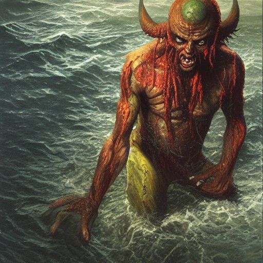 Dead Demon at the Bottom of the River: Oil Painting